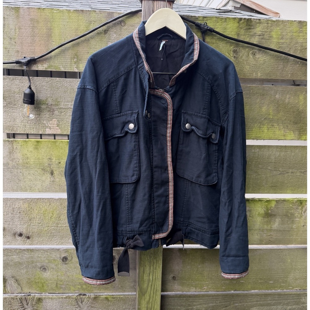 Free People Flight Line Blue Aztec Trim Jacket Bohemian Western‎ Festival Boho